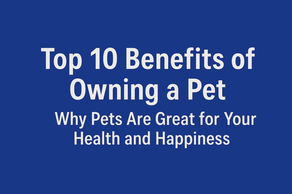 Illustration showing happy family with pets – dog, cat, and bird – with smiling faces and nature background, highlighting the health and emotional benefits of pet ownership